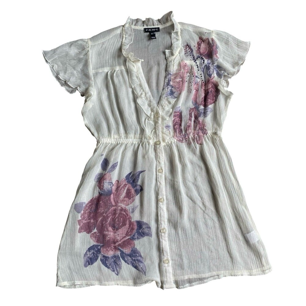 FANG White Floral Chiffon Blouse Medium Cottagecore Ruffle V-Neck Sheer Top Y2K